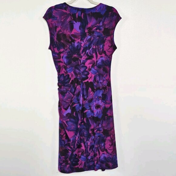 Chaps Sheath Dress Womens Large Purple Floral Faux Wrap Bodycon Ruched Surplice - Picture 3 of 11